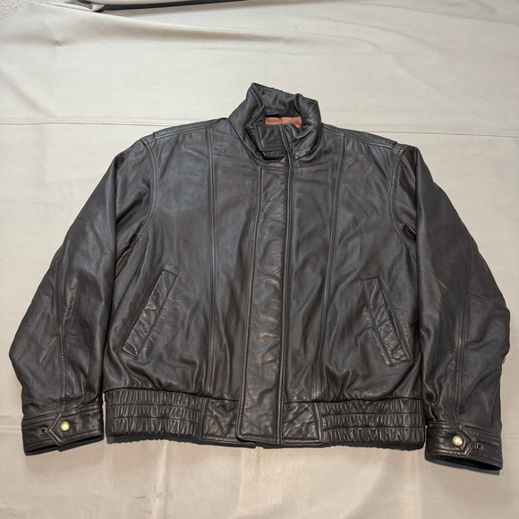 VTG London Fog Leather Bomber Jacket Black Zip A-2 Piolet Grunge SkateL Y2K-XXXX - Picture 1 of 10